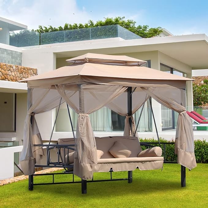 Luxury Outdoor Gazebo Waterproof  Canopy Tent 2.7x1.75M With 3 Seater Comfortable Swing, Color (Beige)