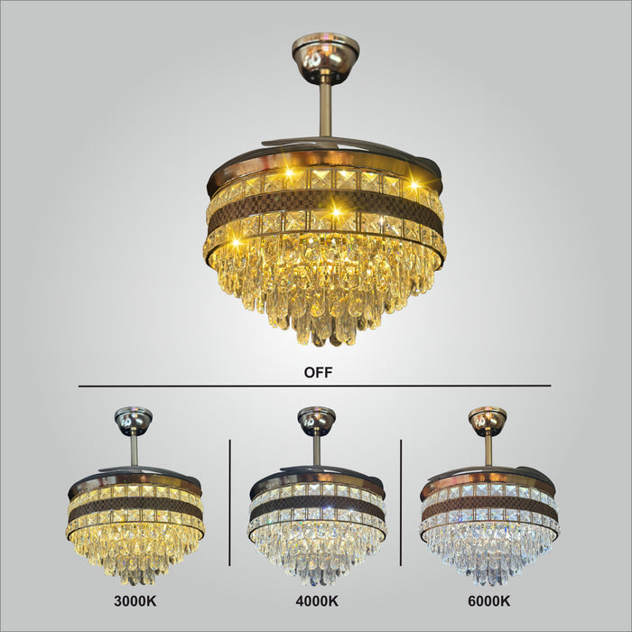 Crystal Ceiling Fan With Chandelier For Various Decor | Rounded Shape, Luxury, Modern Styles and Designs, Color (Gold) Fan Blades (42 Inches)