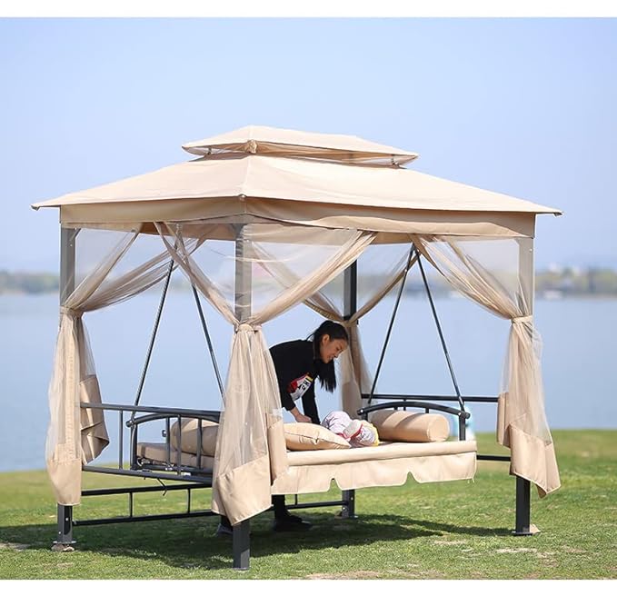 Luxury Outdoor Gazebo Waterproof  Canopy Tent 2.7x1.75M With 3 Seater Comfortable Swing, Color (Beige)